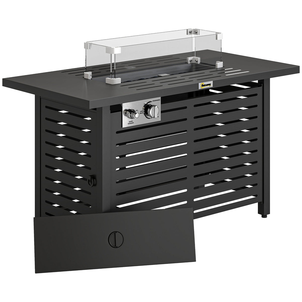 Propane Gas Fire Pit Table, Outdoor Firepit with 43" Steel Tabletop and Lid, 50,000 BTU Pulse Ignition Fire Table w/ Stainless Steel Burner, Glass Wind Guard, and Cover