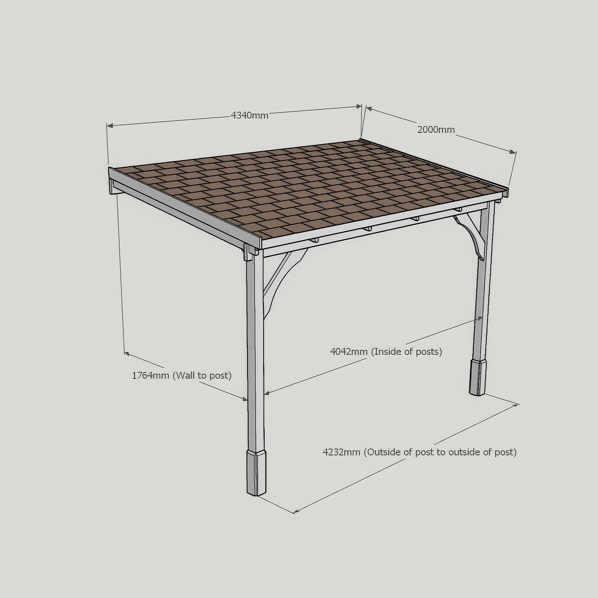 Wall Mounted Felt Shingle Roof Gazebo - Rustic Brown - 2m Depth x 4.34m Width