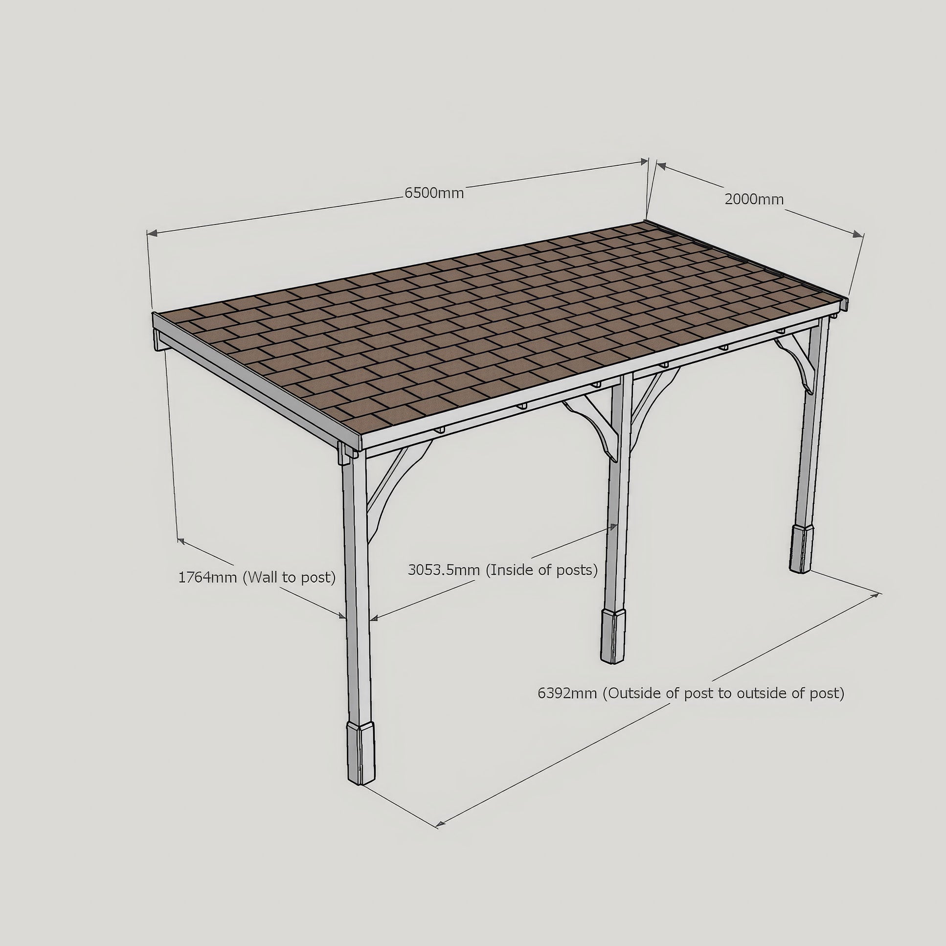Wall Mounted Felt Shingle Roof Gazebo - Rustic Brown - 2m Depth x 6.5m Width