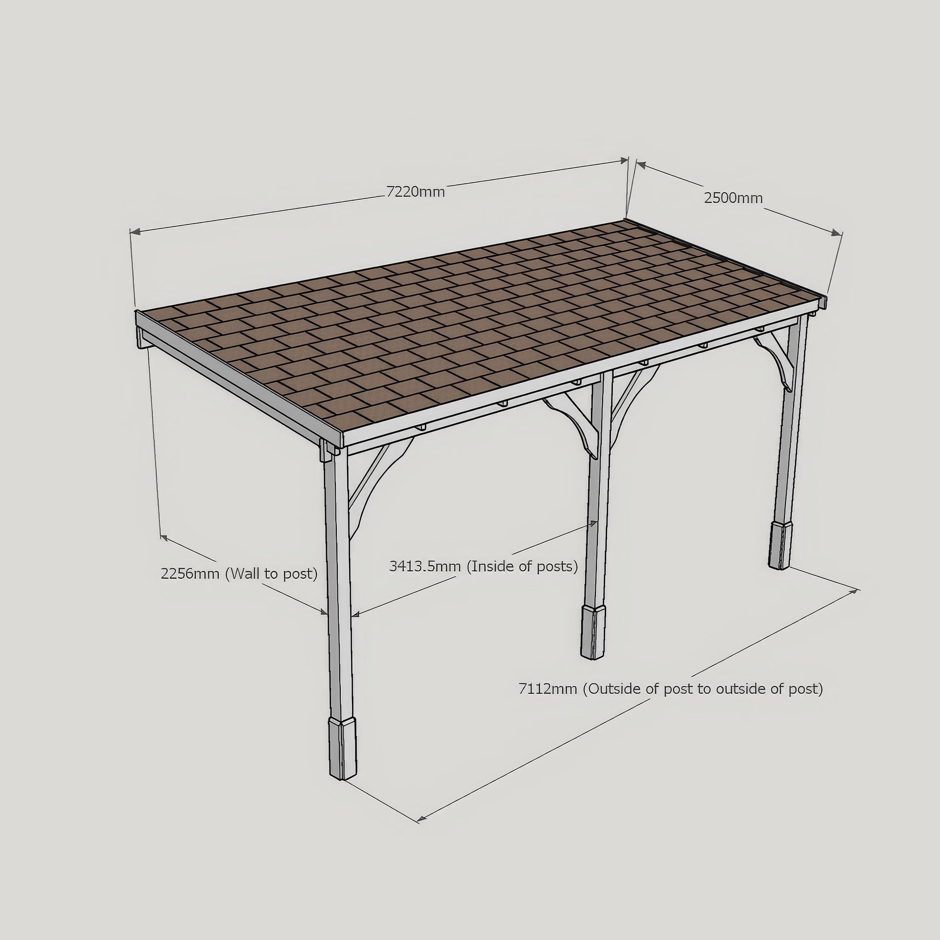 Wall Mounted Felt Shingle Roof Carport - Rustic Brown - 2.5m Depth x 7.22m Width
