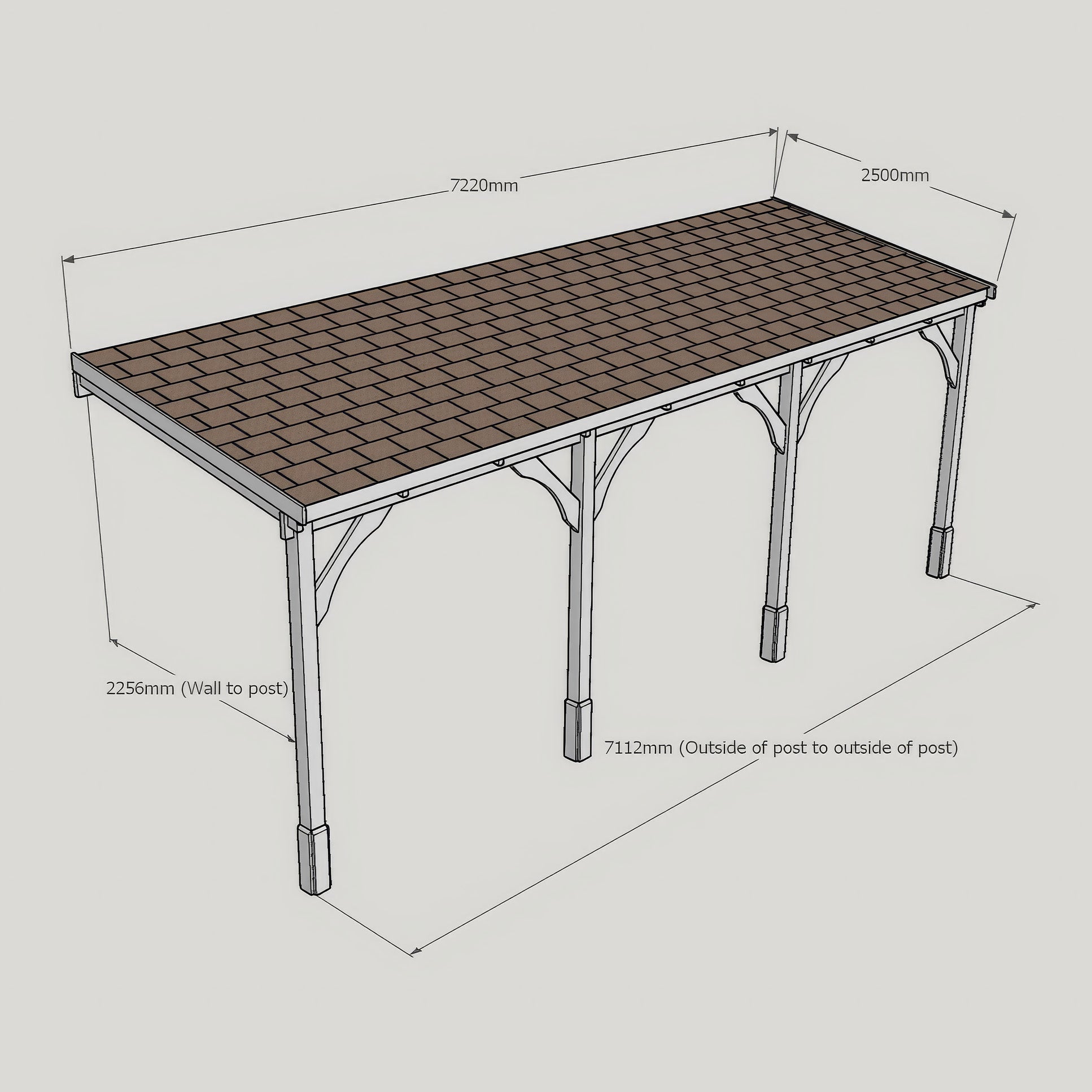 Wall Mounted Felt Shingle Roof Carport - Rustic Brown - 2.5m Depth x 7.22m Width