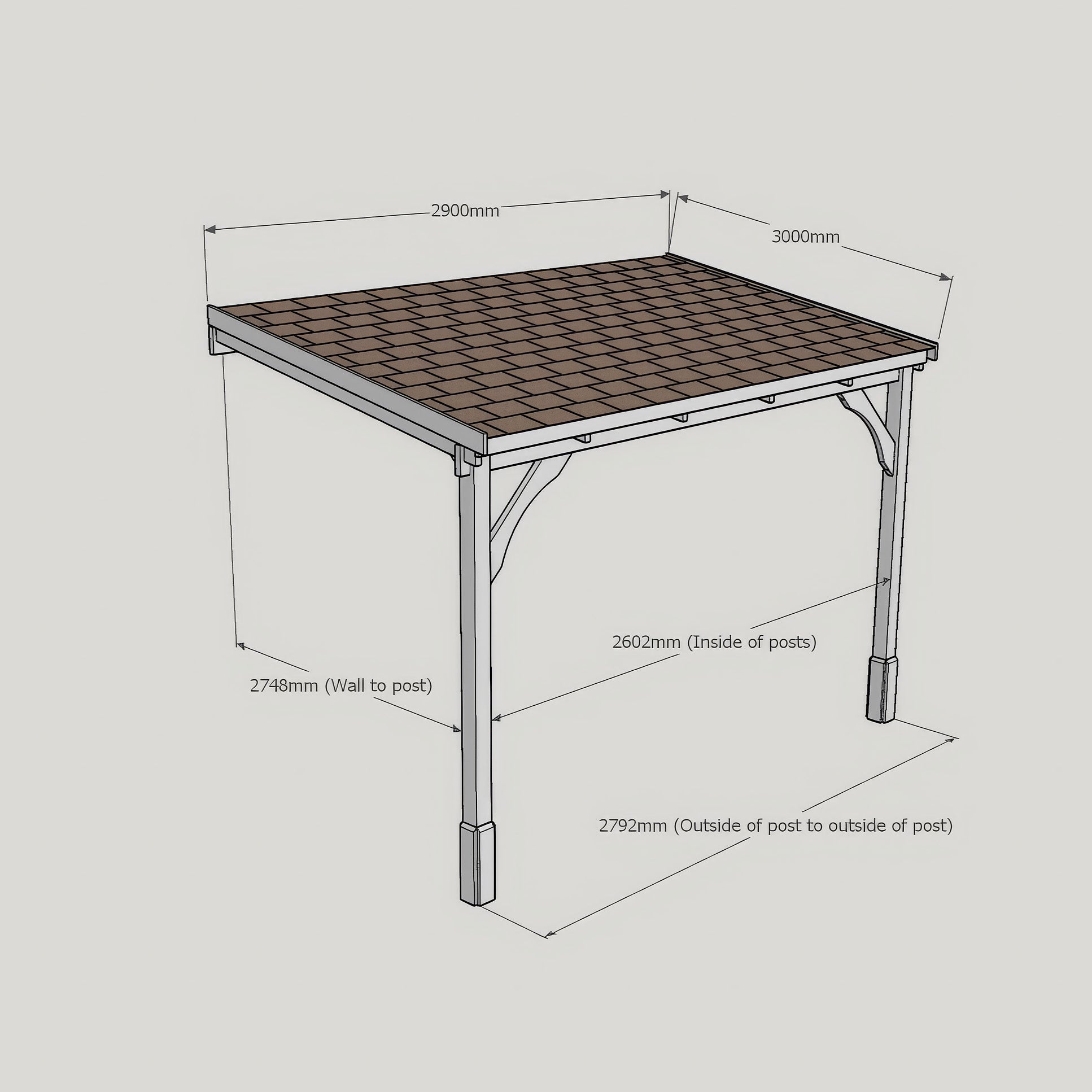 Wall Mounted Felt Shingle Roof Gazebo - Rustic Brown - 3m Depth x 2.9m Width