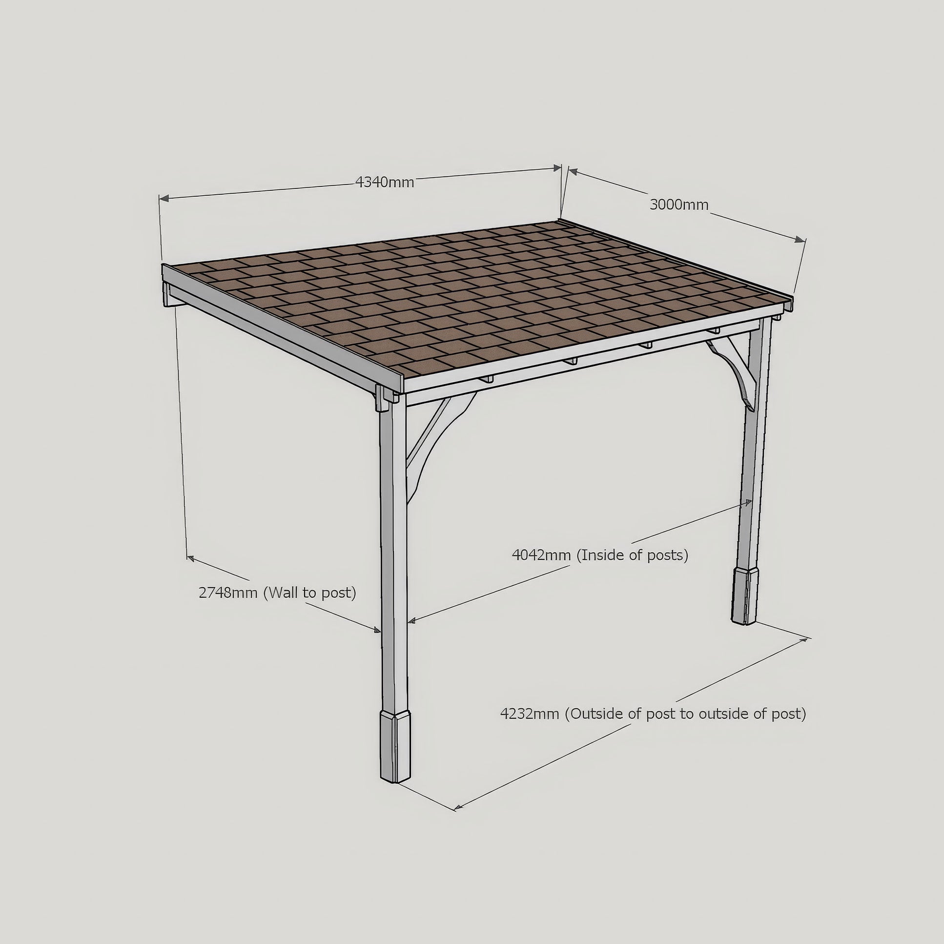 Wall Mounted Felt Shingle Roof Gazebo - Rustic Brown - 3m Depth x 4.34m Width