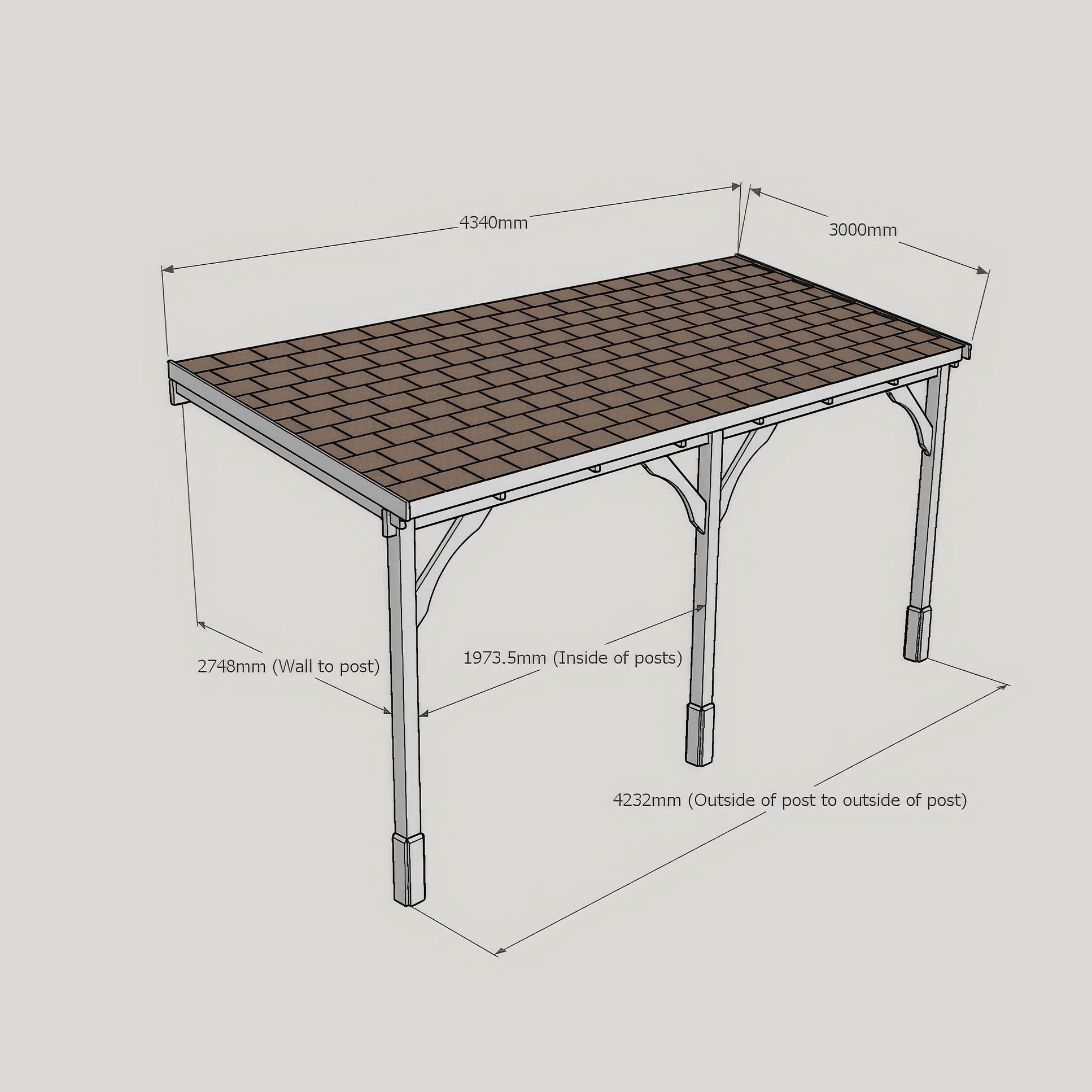 Wall Mounted Felt Shingle Roof Gazebo - Rustic Brown - 3m Depth x 4.34m Width