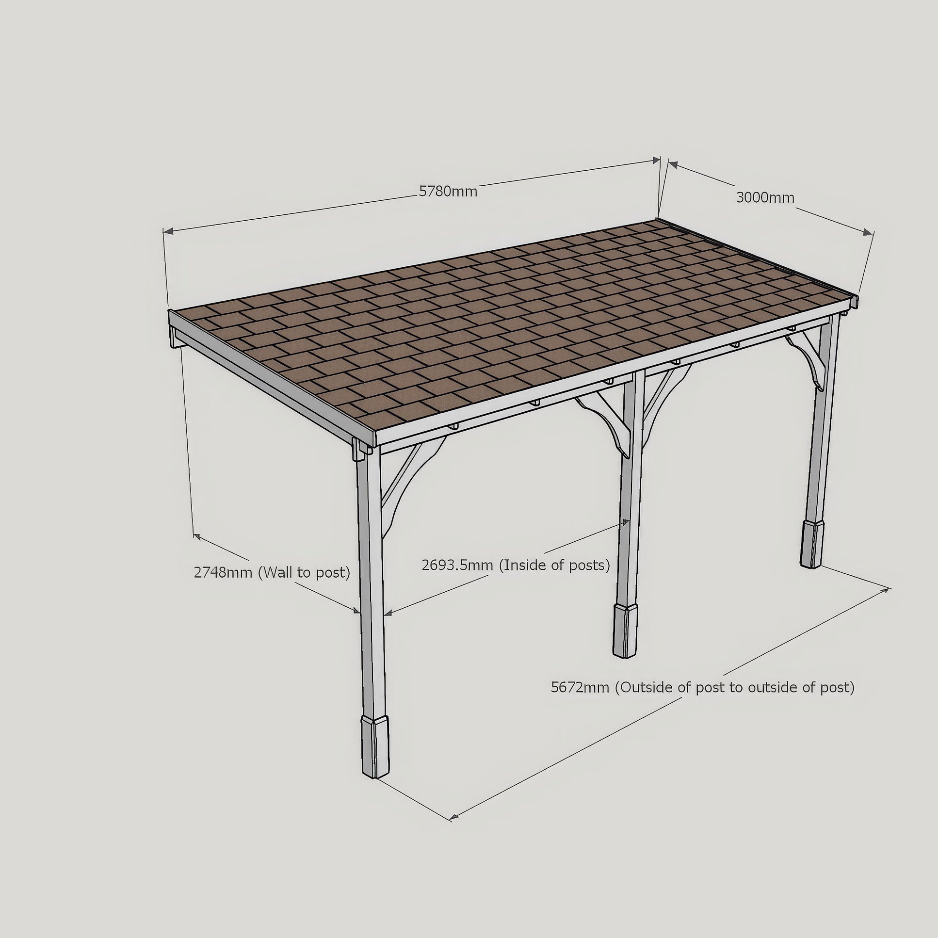 Wall Mounted Felt Shingle Roof Gazebo - Rustic Brown - 3m Depth x 5.78m Width