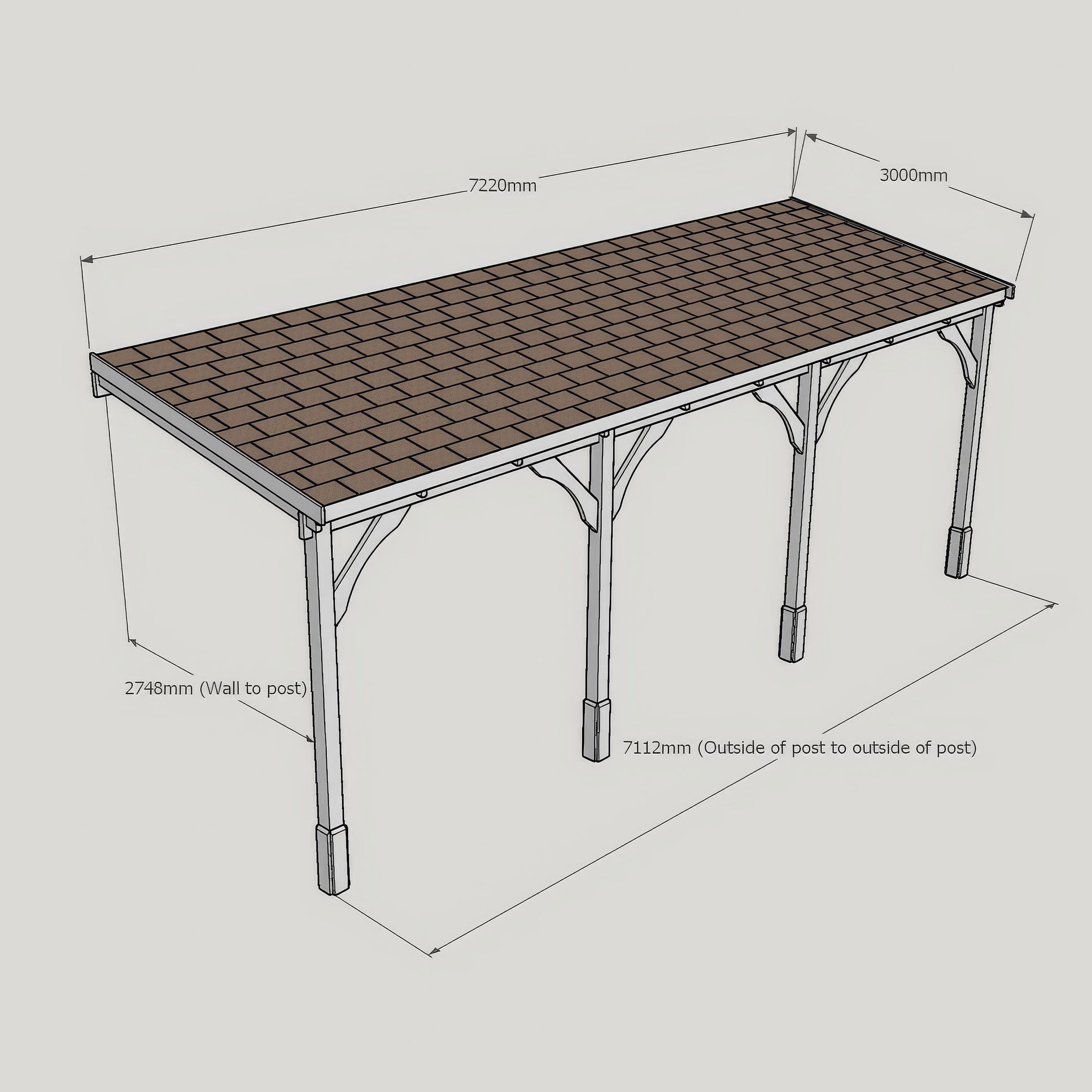 Wall Mounted Felt Shingle Roof Gazebo - Rustic Brown - 3m Depth x 7.22m Width