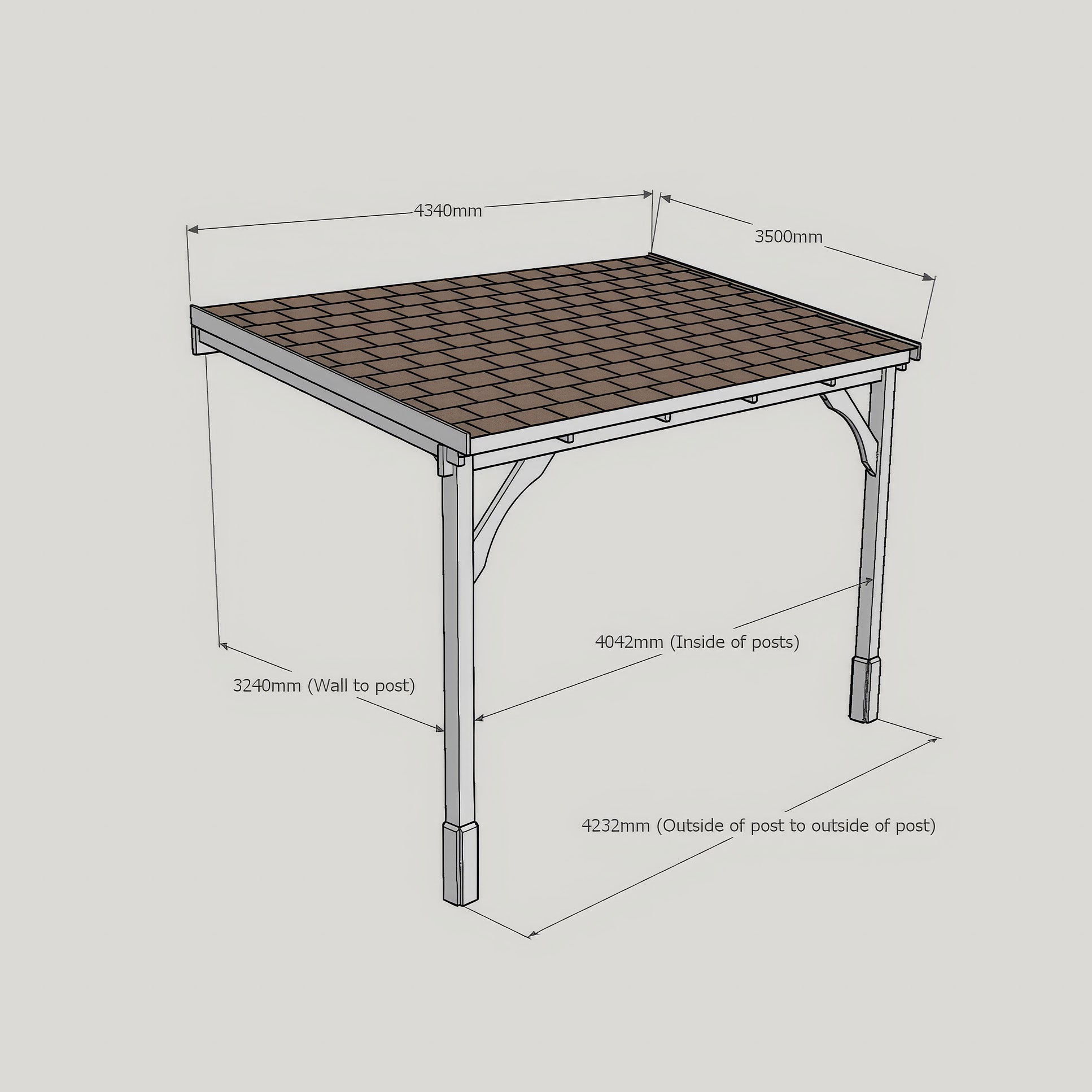 Wall Mounted Felt Shingle Roof Gazebo - Rustic Brown - 3.5m Depth x 4.34m Width
