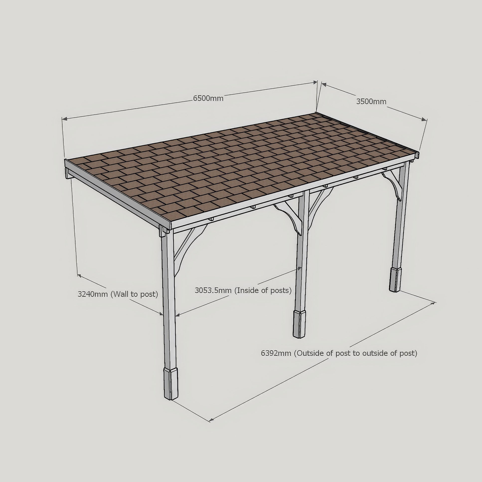 Wall Mounted Felt Shingle Roof Carport - Rustic Brown - 3.5m Depth x 6.5m Width