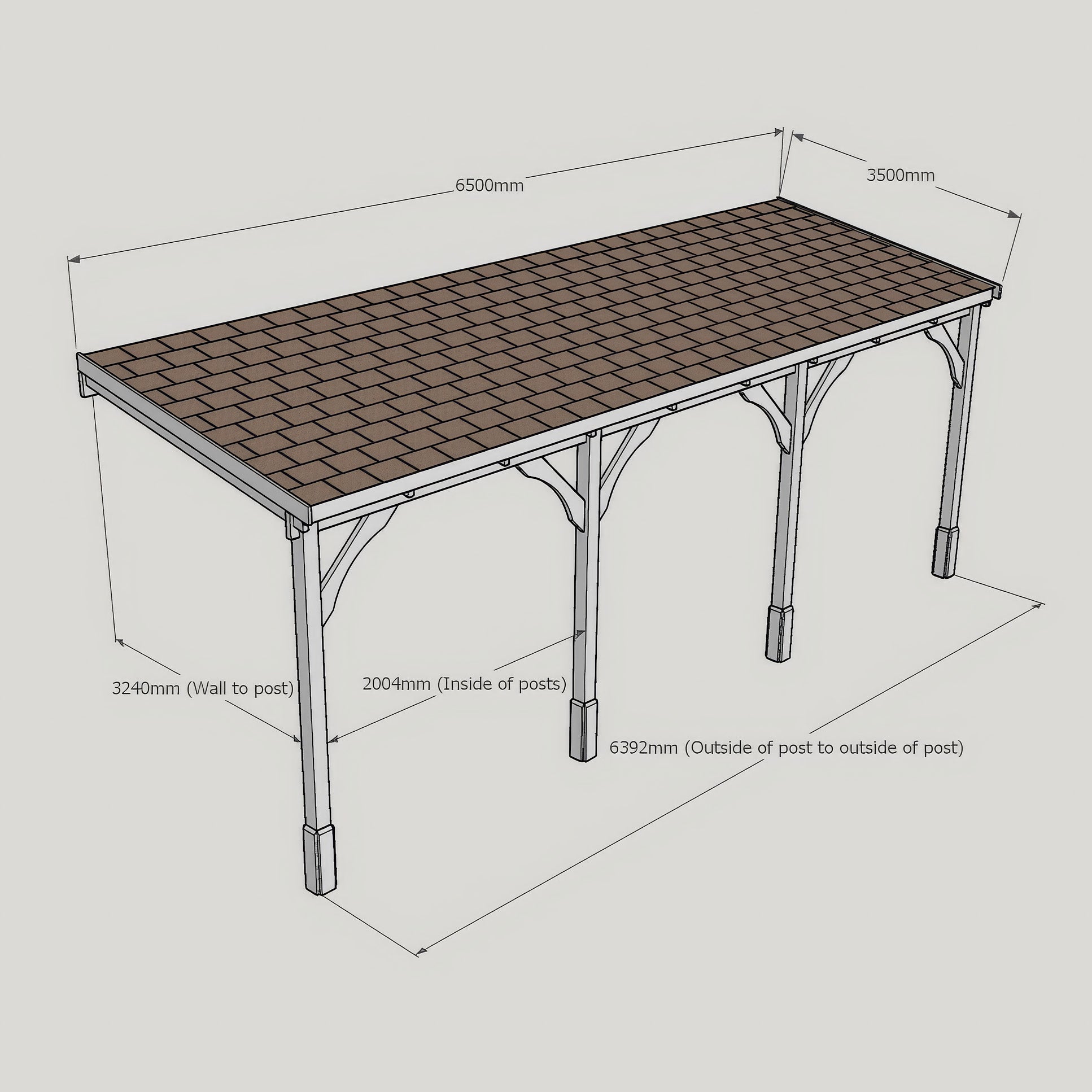 Wall Mounted Felt Shingle Roof Carport - Rustic Brown - 3.5m Depth x 6.5m Width