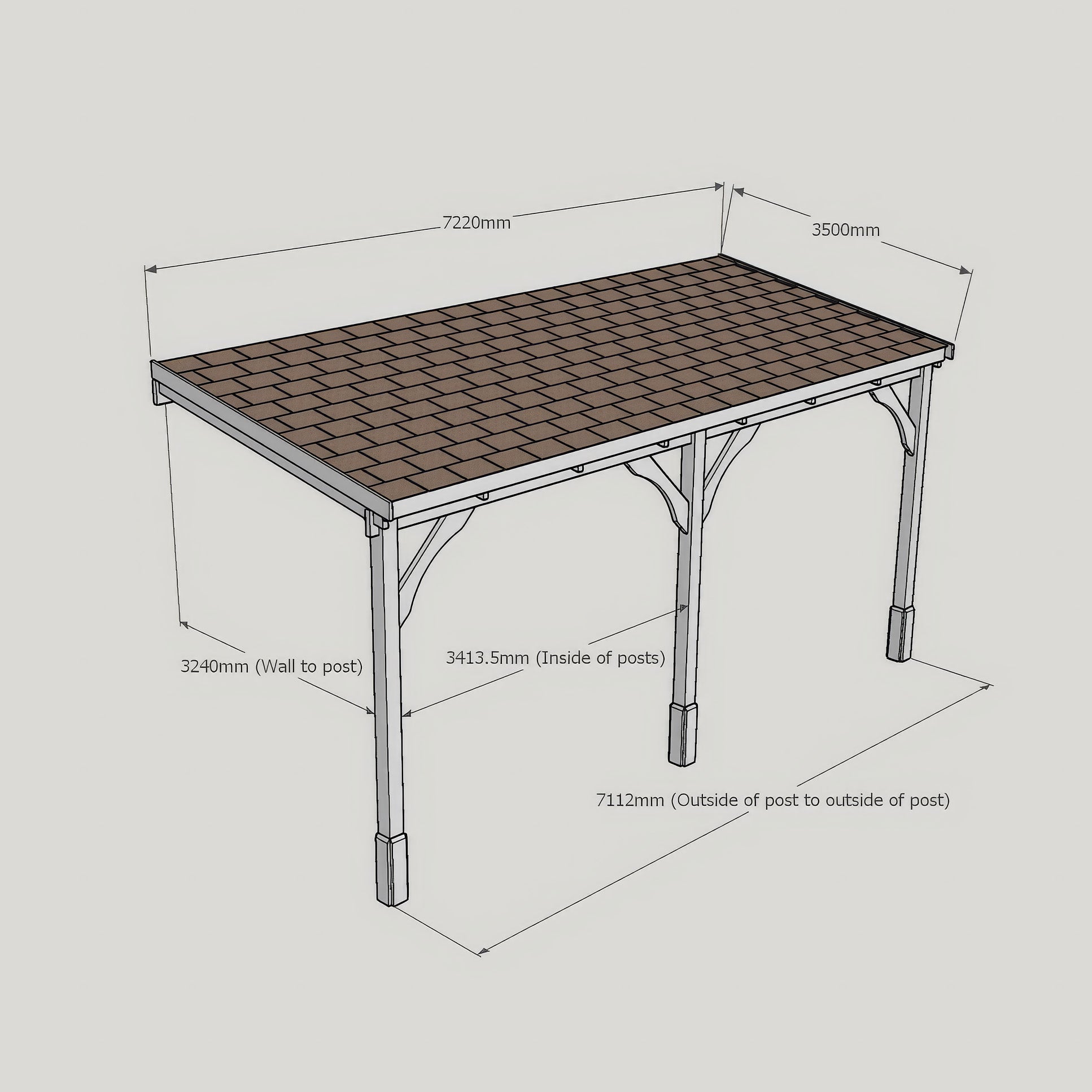 Wall Mounted Felt Shingle Roof Gazebo - Rustic Brown - 3.5m Depth x 7.22m Width
