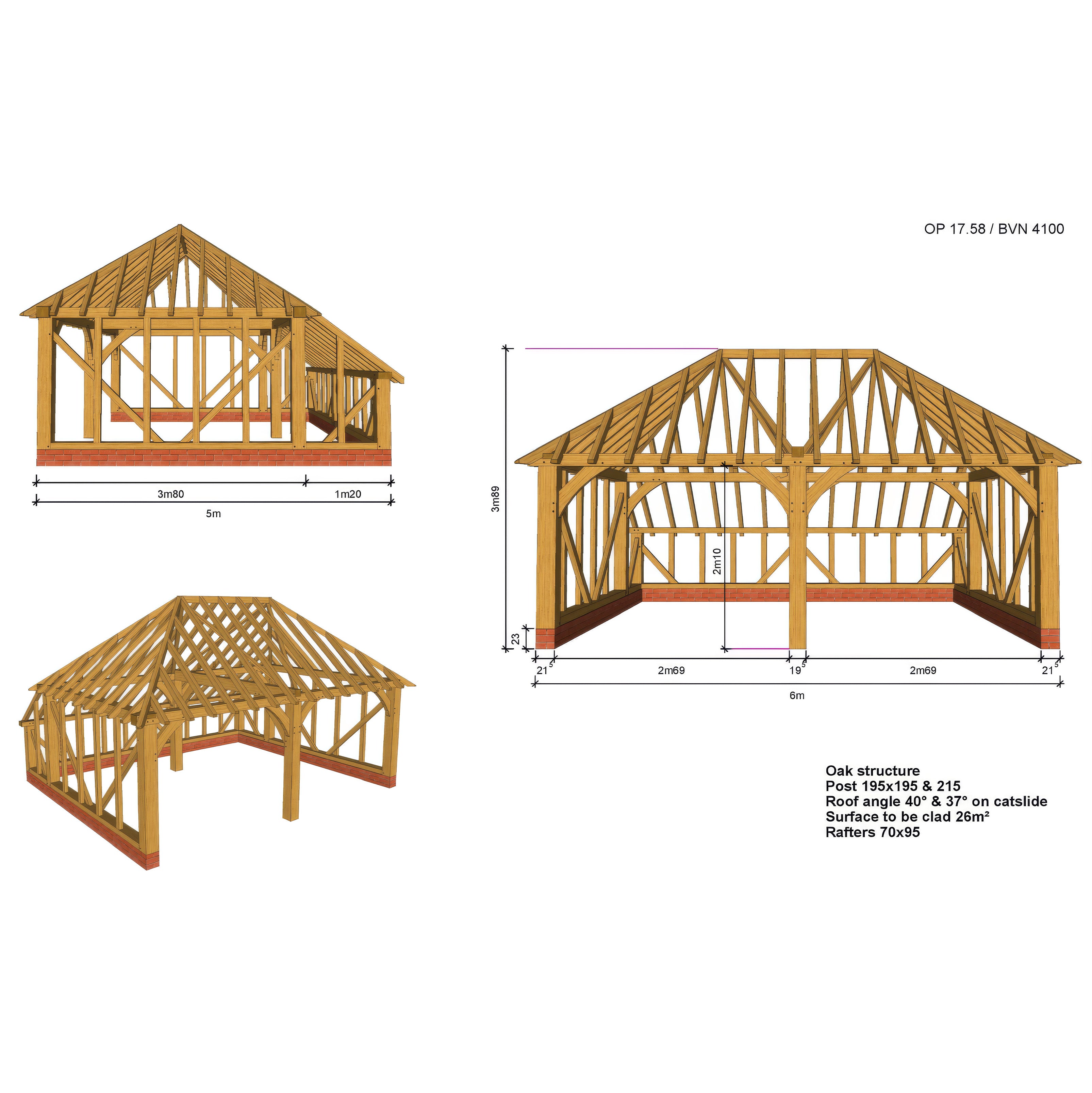 Freestanding Green Oak Framed Double Bay Garage with Hip Roof - Catslide Extension