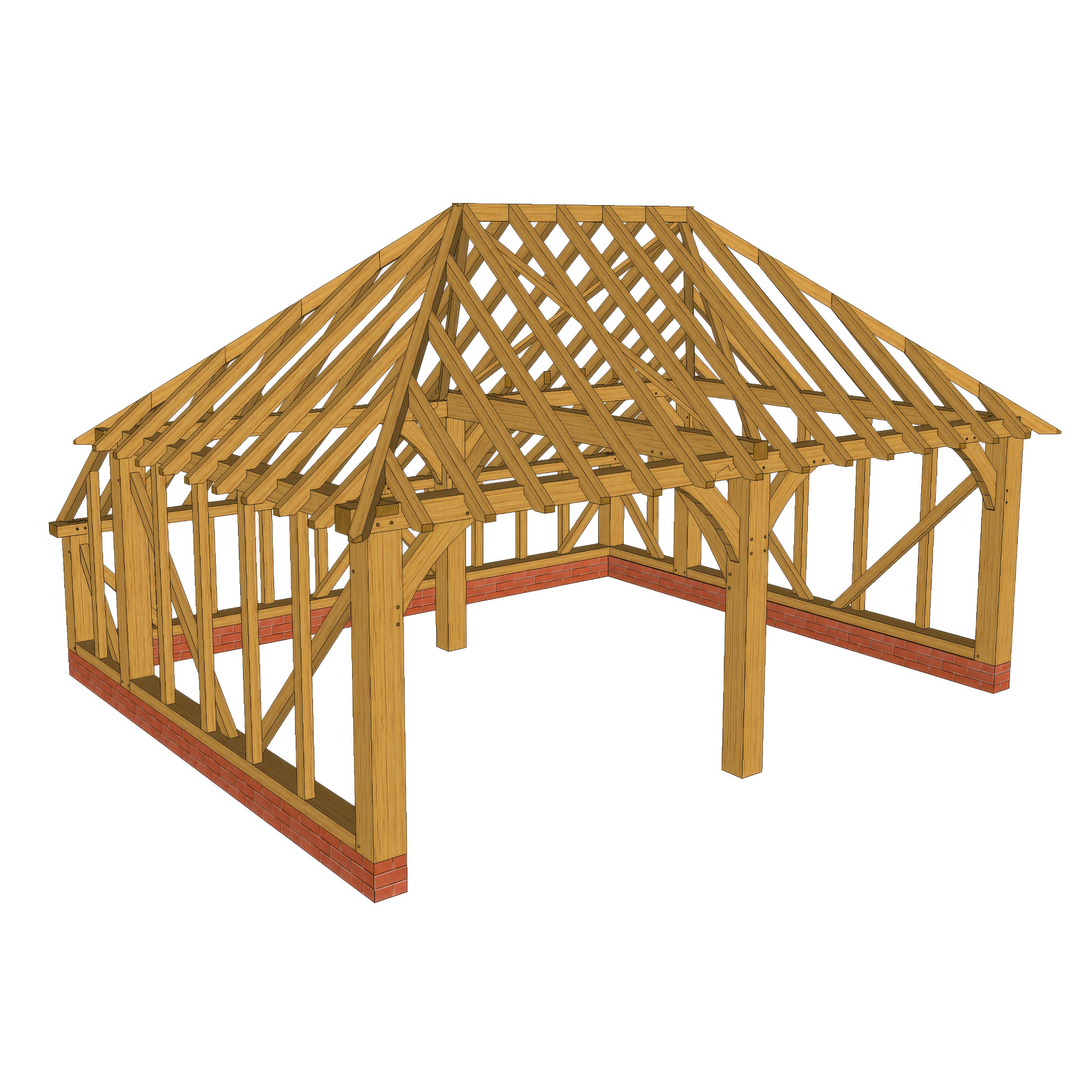 Freestanding Green Oak Framed Double Bay Garage with Hip Roof - Catslide Extension