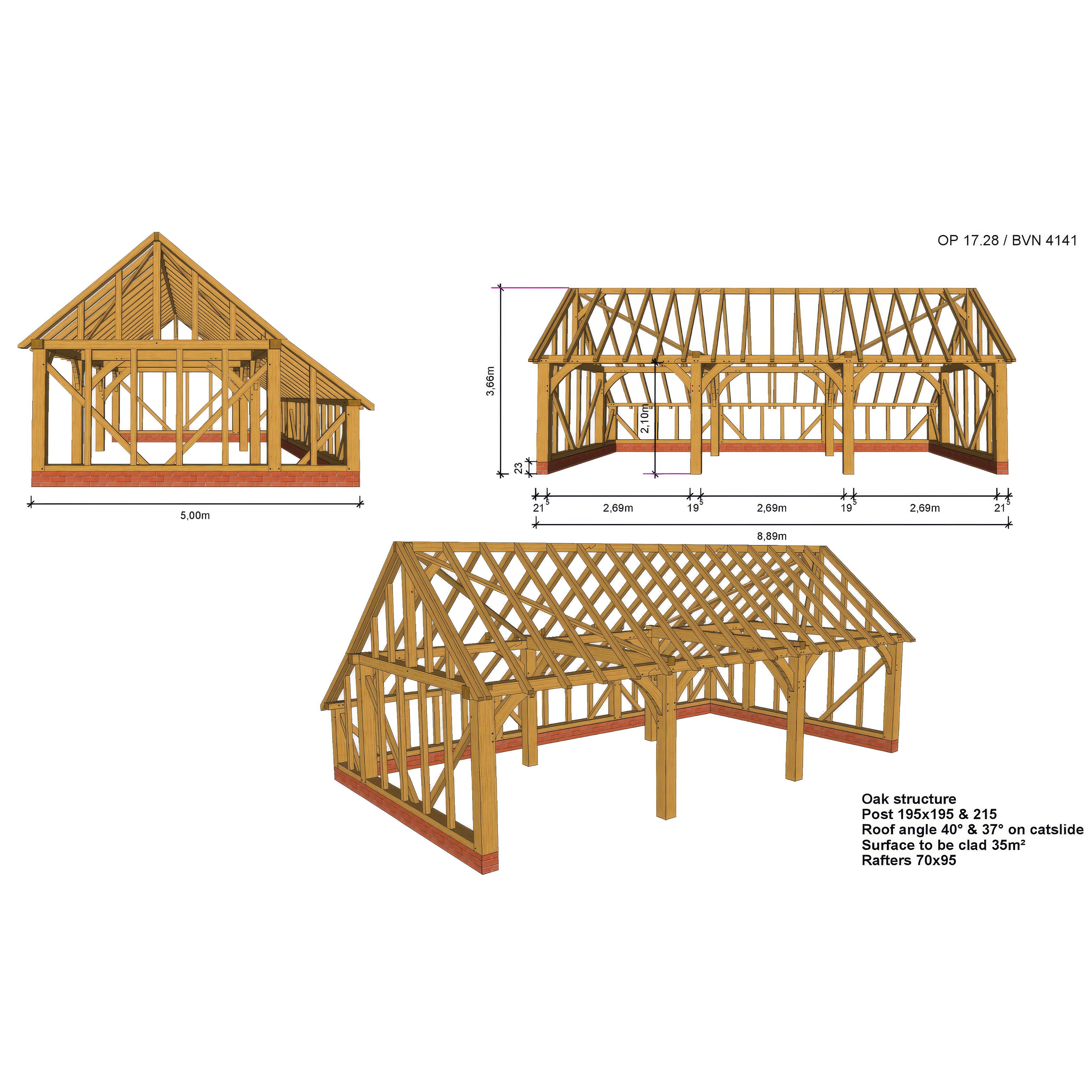 Freestanding Green Oak Framed Triple Bay Garage with Dormer Roof - Catslide Extension