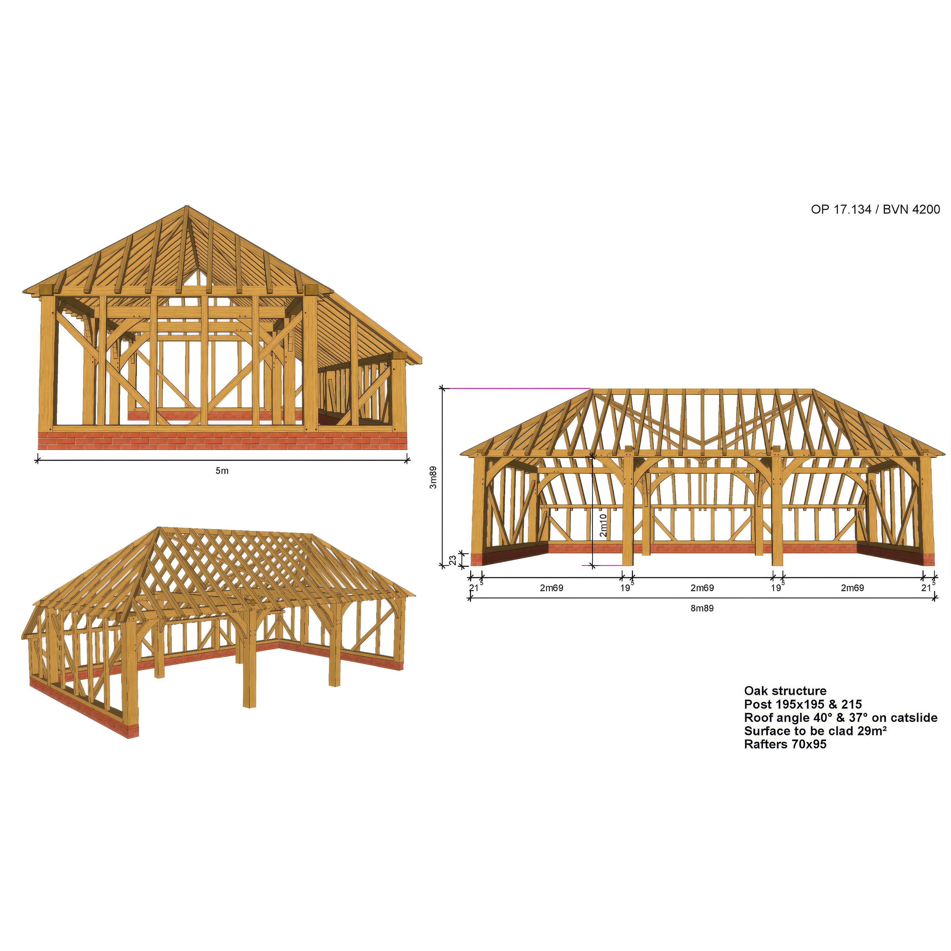 Freestanding Green Oak Framed Triple Bay Garage with Hip Roof - Catslide Extension