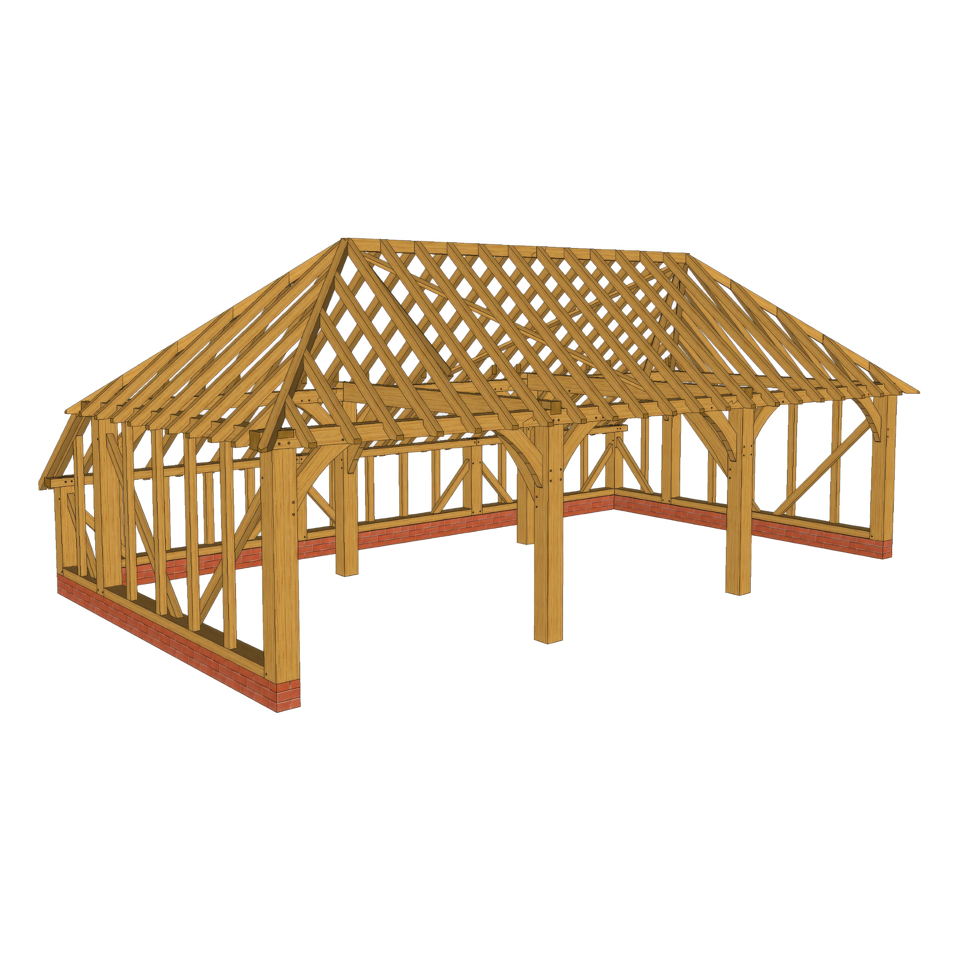 Freestanding Green Oak Framed Triple Bay Garage with Hip Roof - Catslide Extension