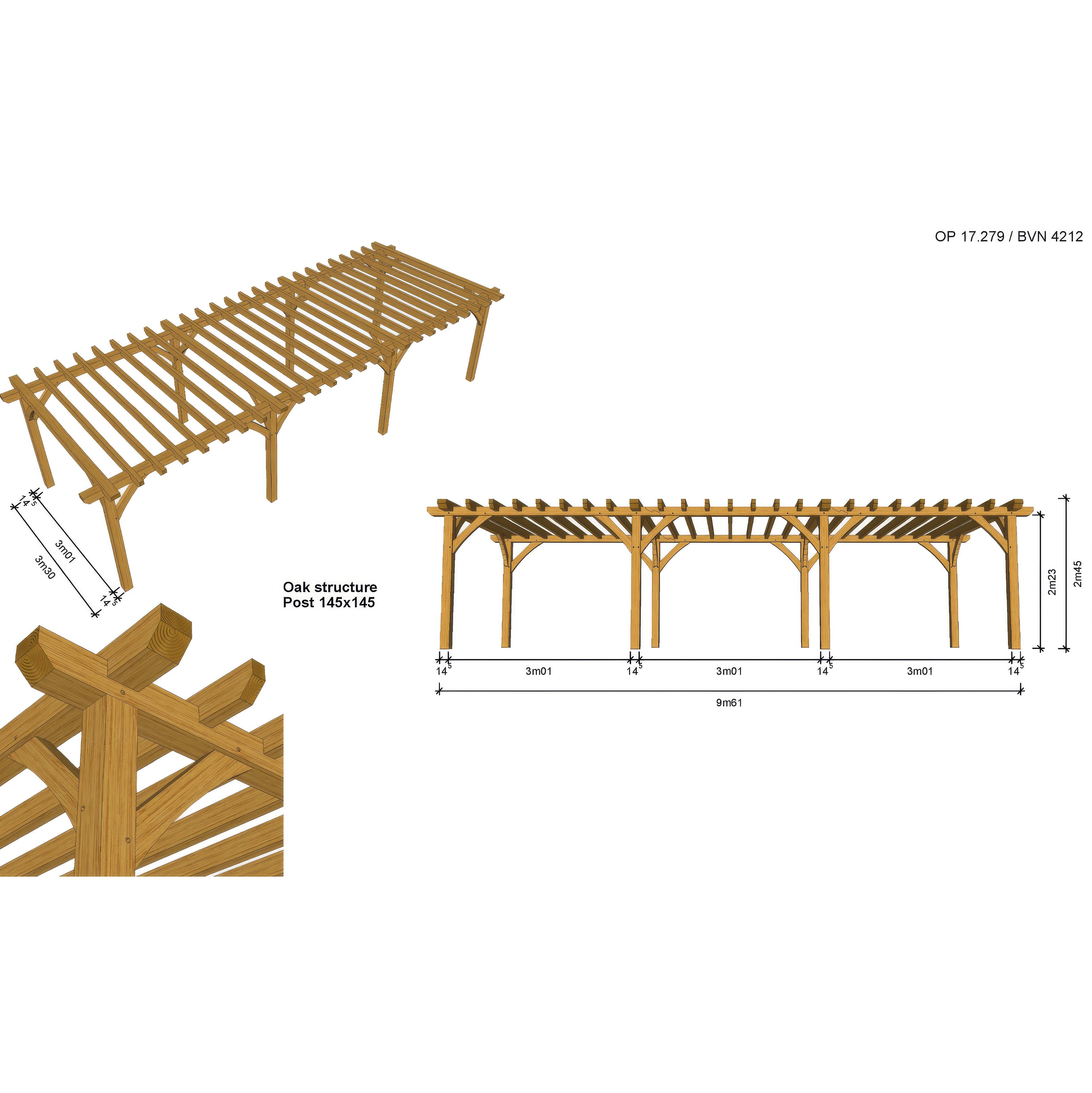 Freestanding Green Oak Framed Triple Bay Pergola