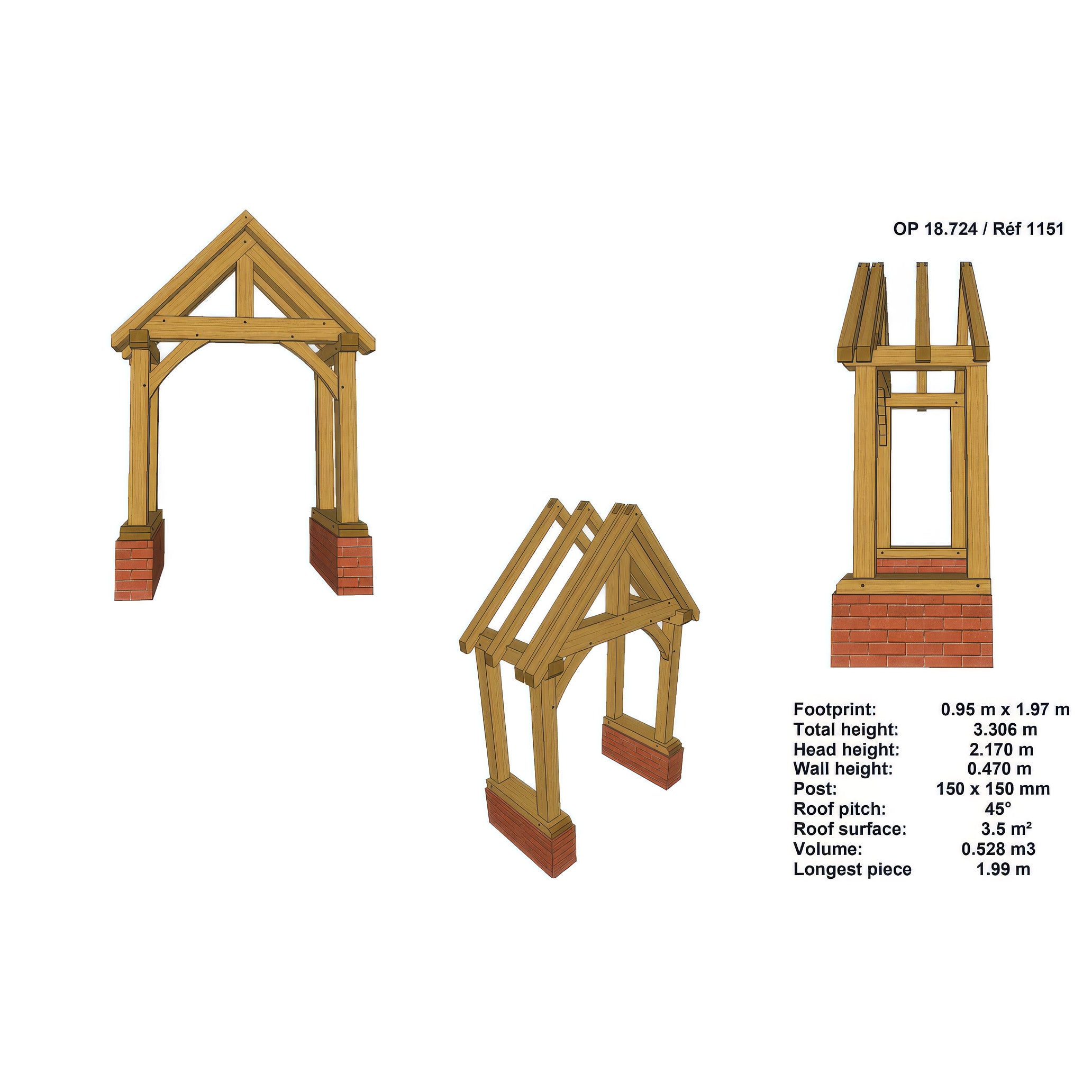 Green Oak Framed Brick Plinth Porch - 0.95m Depth x 1.97m Width