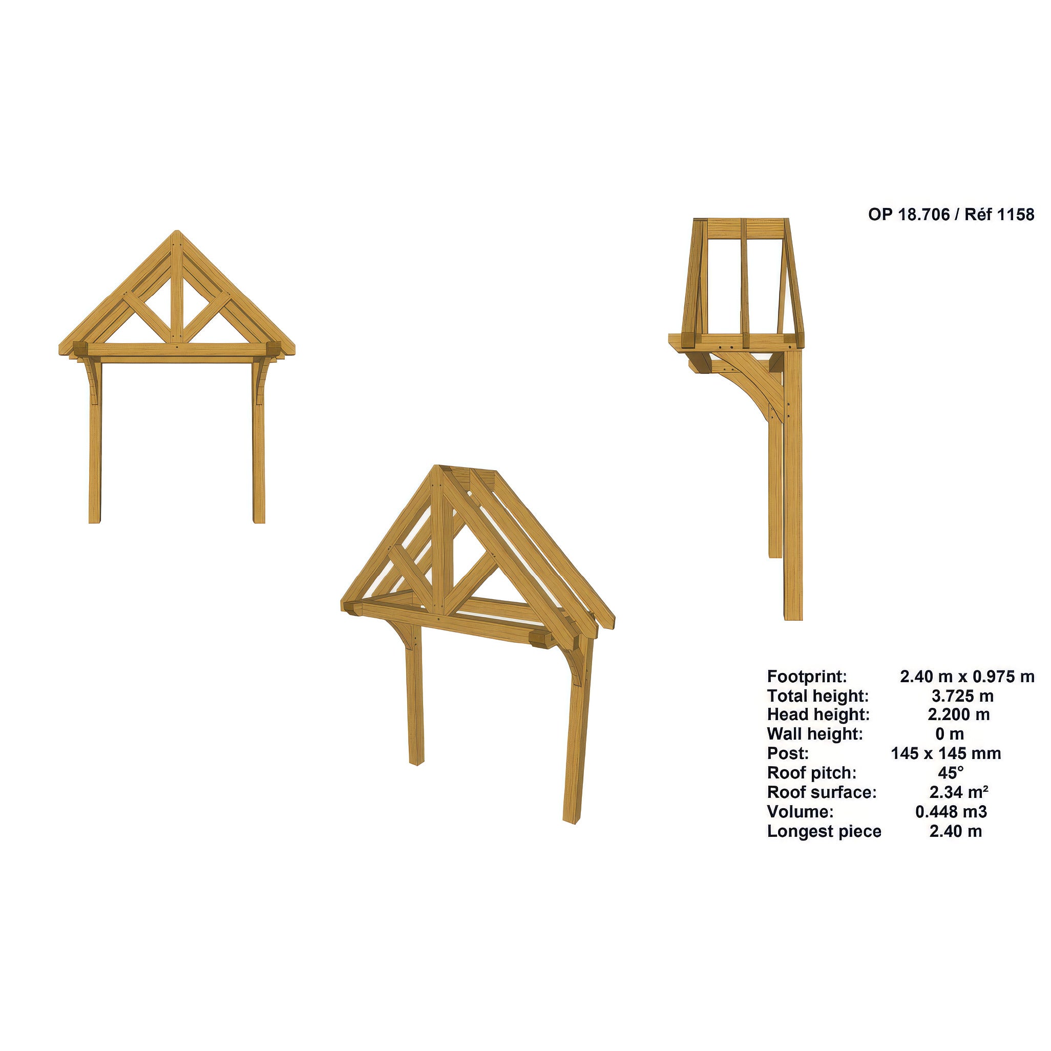 Green Oak Framed Mounted Porch - 0.98m Depth x 2.4m Width