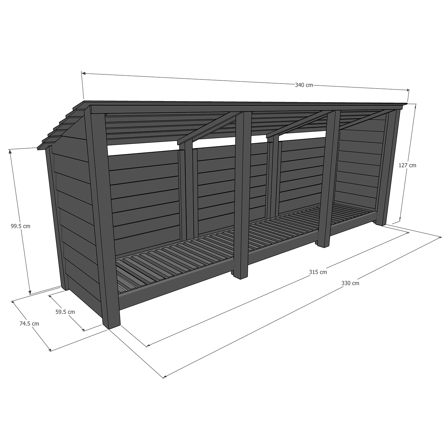 Empingham Log Store - Rustic Brown - Slatted Panels - 11ft Wide x 4ft Tall