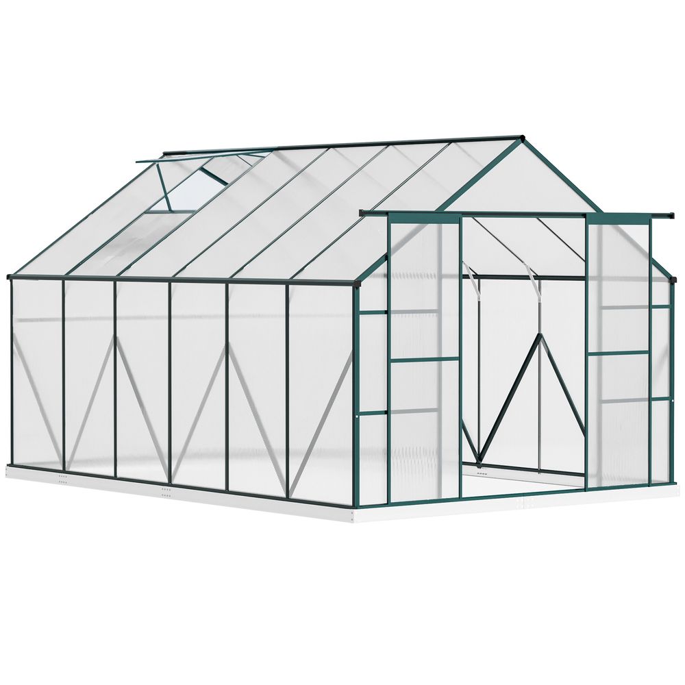 8 x 12ft Aluminium Greenhouse Polycarbonate Walk-in Garden Greenhouse Kit with Adjustable Roof Vent, Double Sliding Door, Rain Gutter and Foundation, Clear