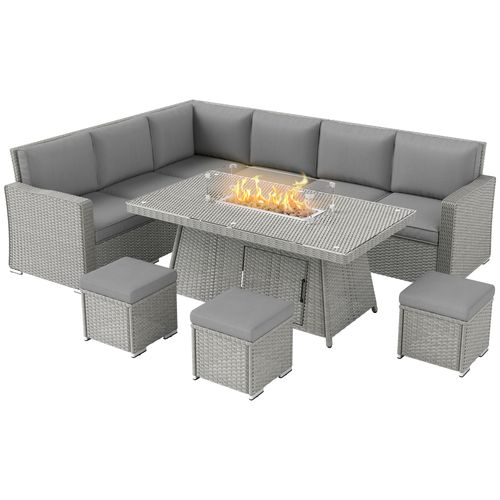 7 Pieces Rattan Garden Furniture Set w/ 50,000 BTU Gas Fire Pit Table