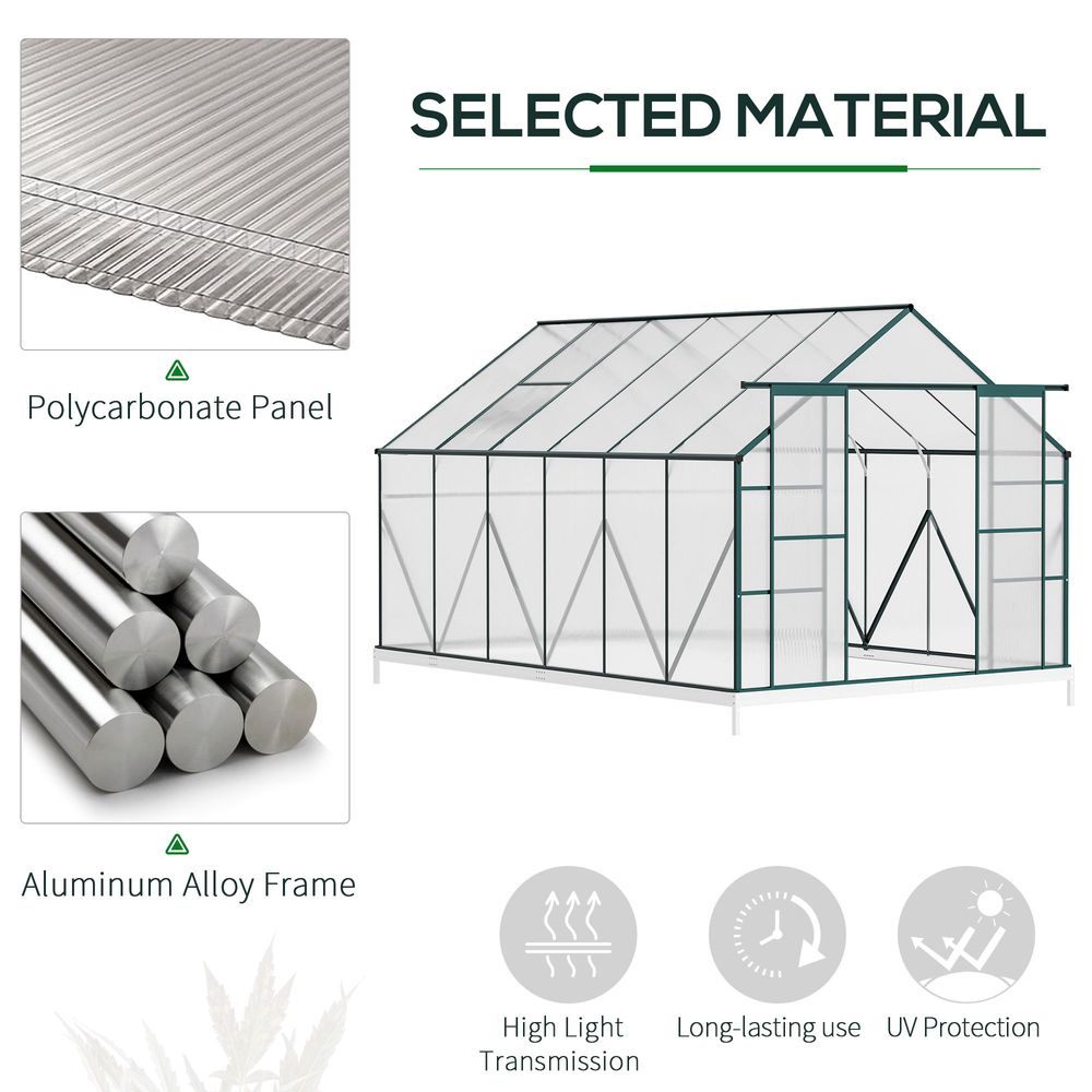 8 x 12ft Aluminium Greenhouse Polycarbonate Walk-in Garden Greenhouse Kit with Adjustable Roof Vent, Double Sliding Door, Rain Gutter and Foundation, Clear