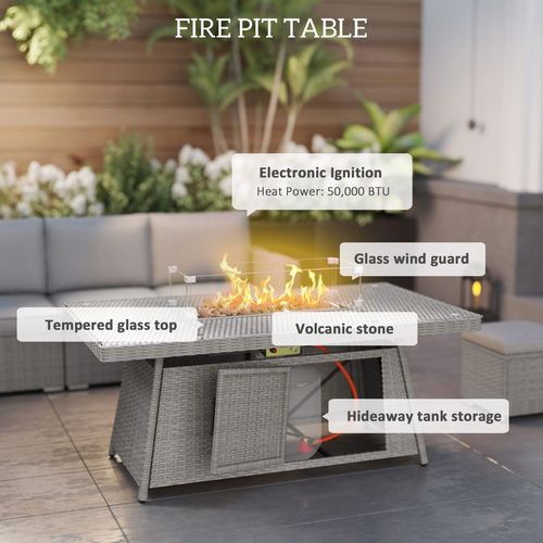 7 Pieces Rattan Garden Furniture Set w/ 50,000 BTU Gas Fire Pit Table
