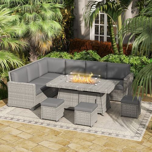 7 Pieces Rattan Garden Furniture Set w/ 50,000 BTU Gas Fire Pit Table