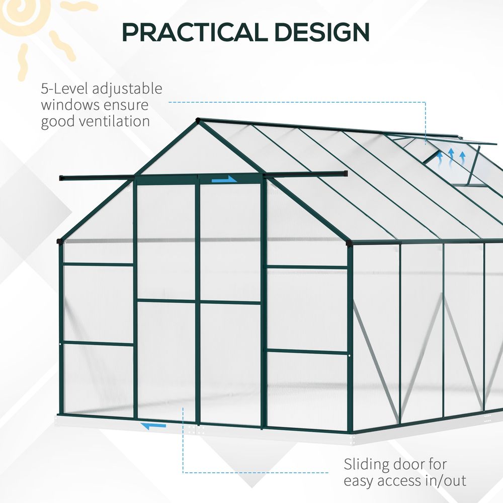 8 x 12ft Aluminium Greenhouse Polycarbonate Walk-in Garden Greenhouse Kit with Adjustable Roof Vent, Double Sliding Door, Rain Gutter and Foundation, Clear