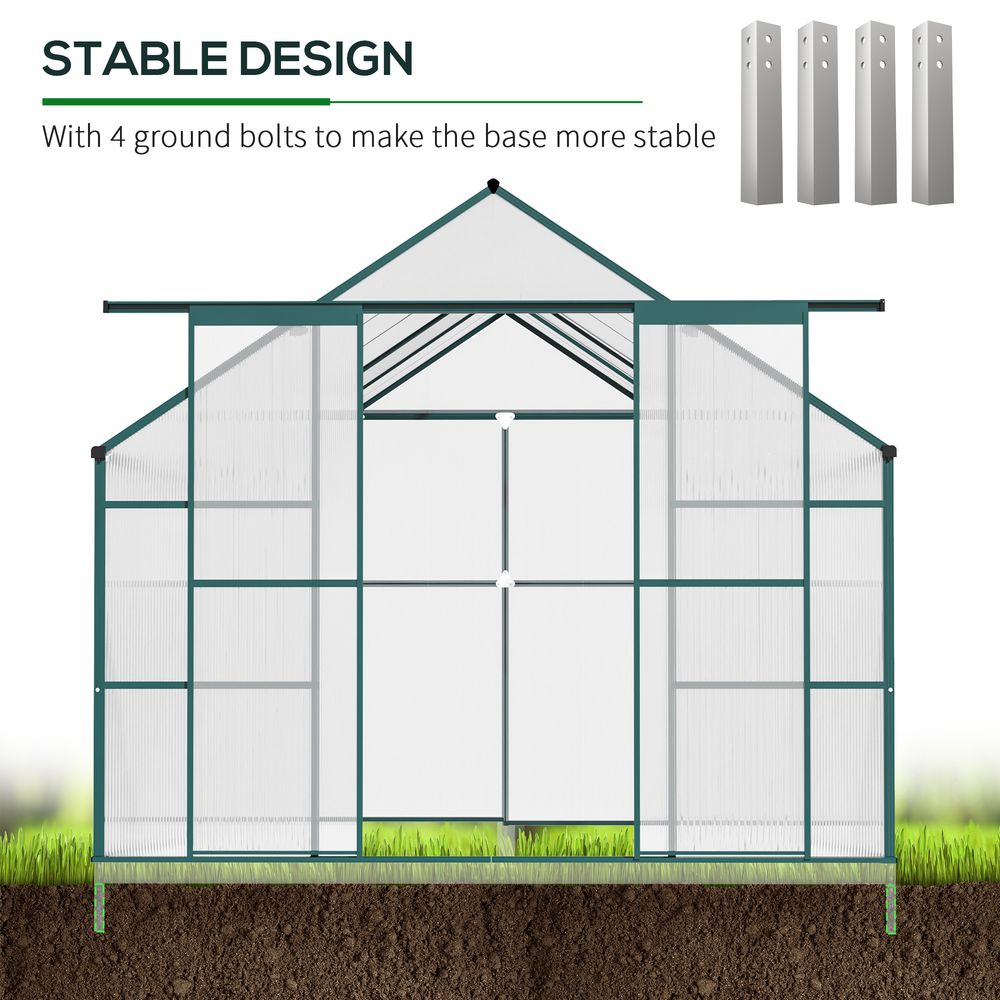 8 x 12ft Aluminium Greenhouse Polycarbonate Walk-in Garden Greenhouse Kit with Adjustable Roof Vent, Double Sliding Door, Rain Gutter and Foundation, Clear