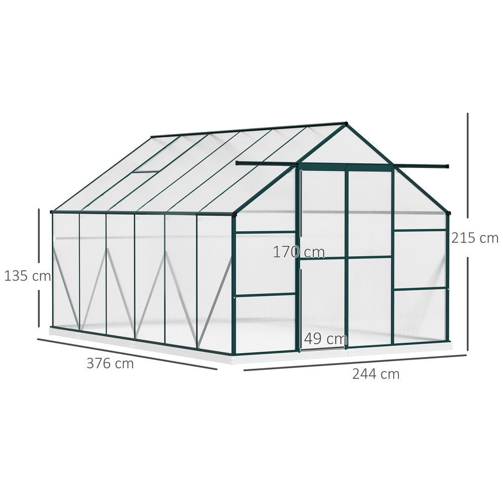 8 x 12ft Aluminium Greenhouse Polycarbonate Walk-in Garden Greenhouse Kit with Adjustable Roof Vent, Double Sliding Door, Rain Gutter and Foundation, Clear