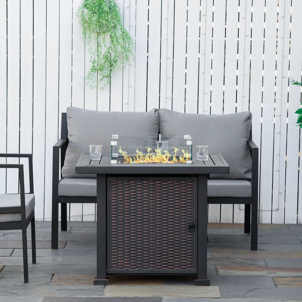 Outsunny Fire Pit Table: Wind Screen, Glass Beads